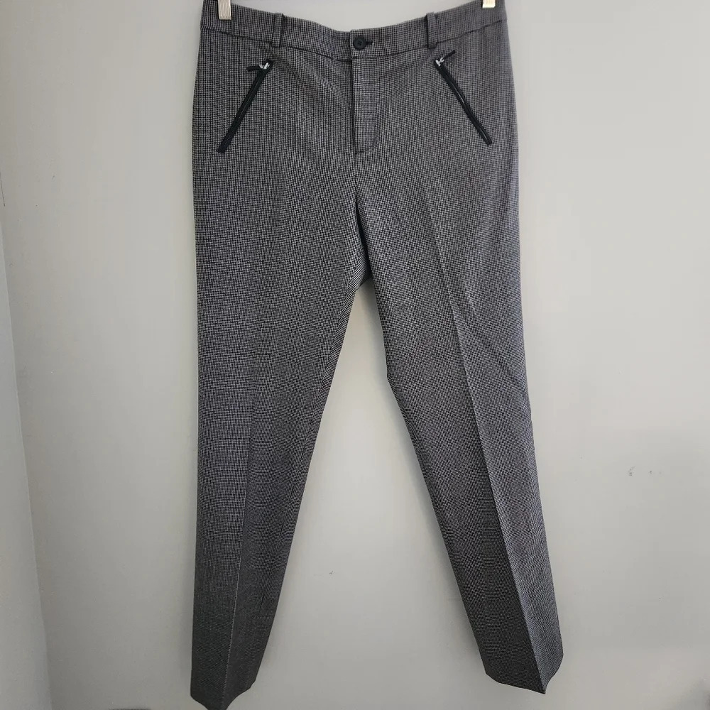 Lauren Ralph Lauren | Houndstooth Straight Leg Wool Leather Pants - Size 12 - Picture 6 of 14